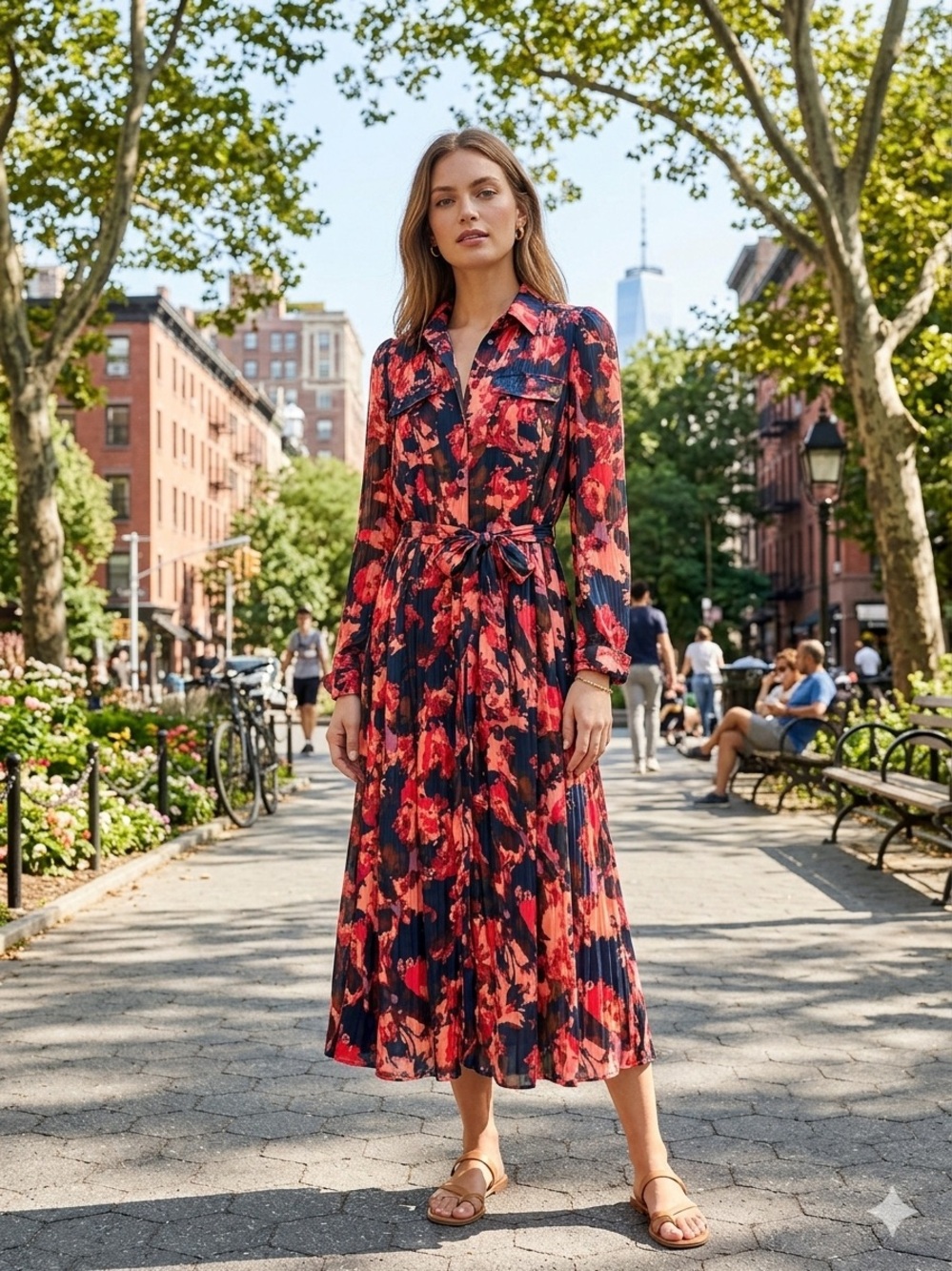Nine West Red and Navy Floral Long-Sleeve Midi Dress